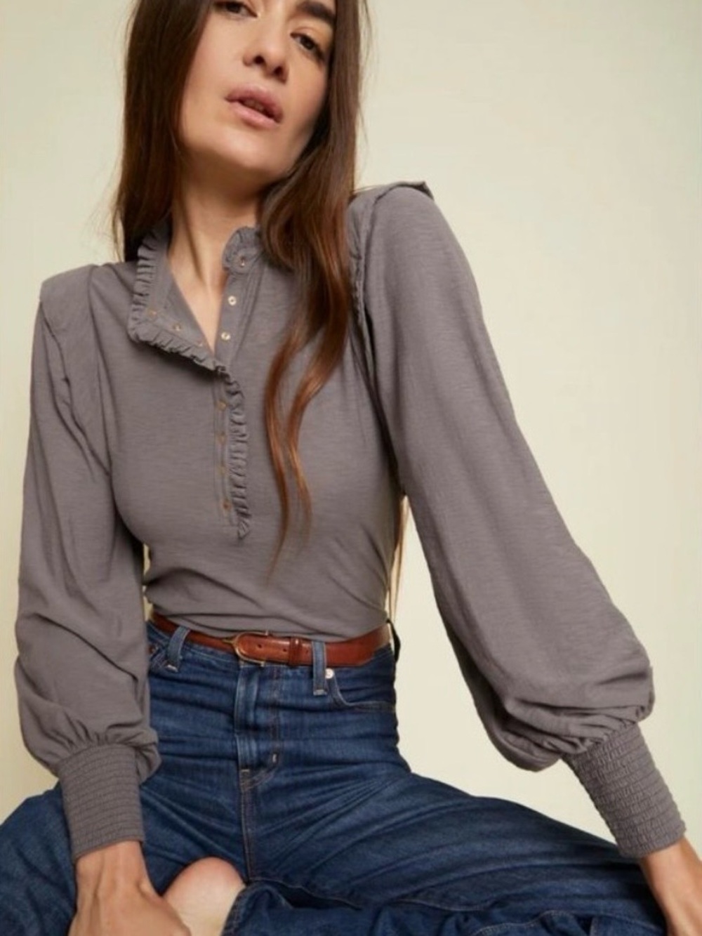 Nation LTD Margaux Victorian Henley Long Sleeve Tee Medium
